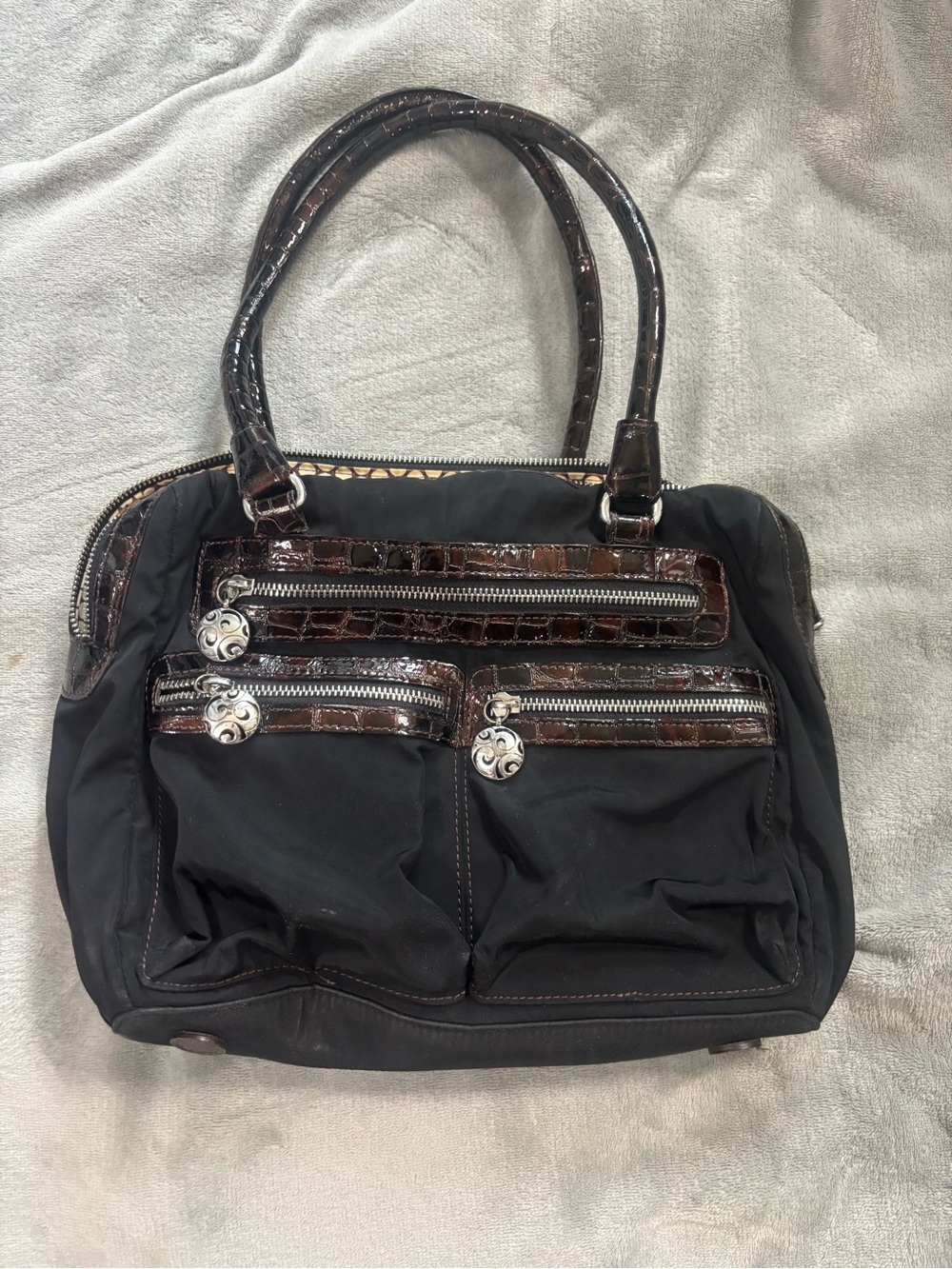 Brighton Black Shoulder Bag with Brown Croc-Trim